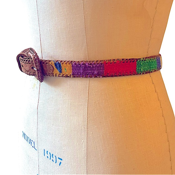 Vintage Accessories - vintage leather tooled belt with brightly colored handwoven fabric